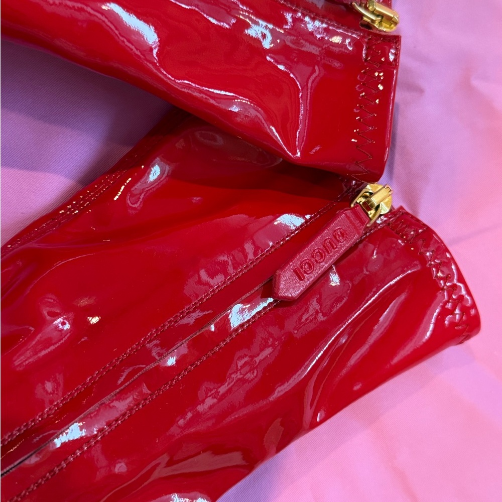 Gucci Red Patent Leather Open-Toe Stiletto Boots with Black Trim - Picture 9 of 9